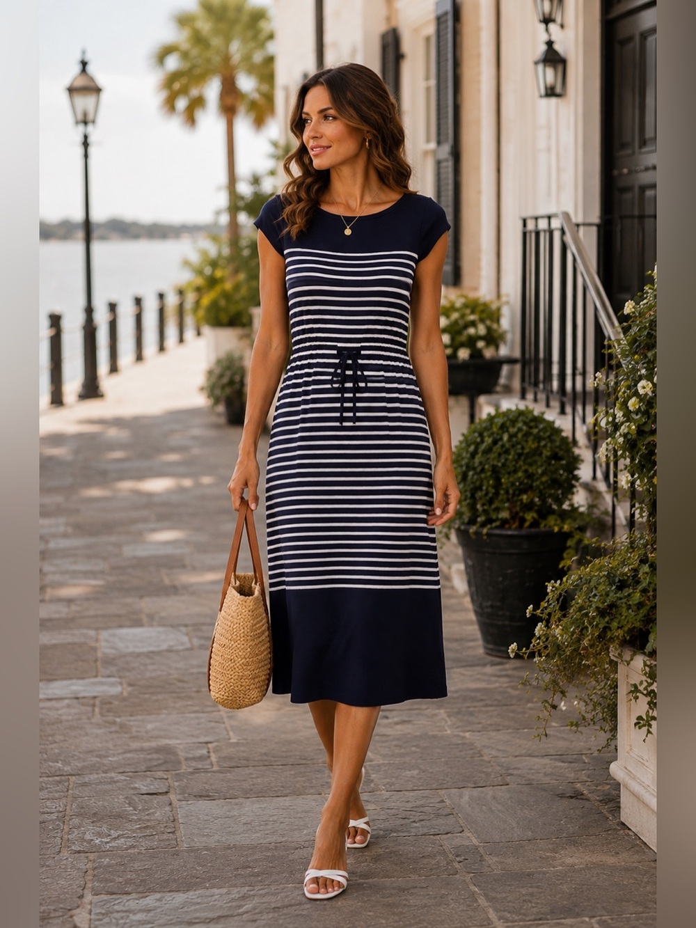 Talbots Navy White Stripe Midi Dress XS Breton Stripe Tie Waist Stretch